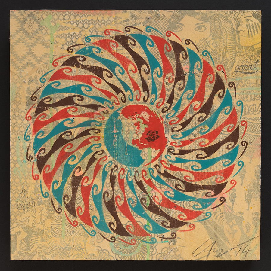 A one off painting by Ernesto Yerena - Global Flow. Mixed media on wooden panel