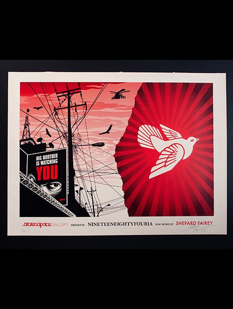 Screen print produced for the Shepard Fairey Nineteeneightyfouria show at Stolenspace Gallery - London, England